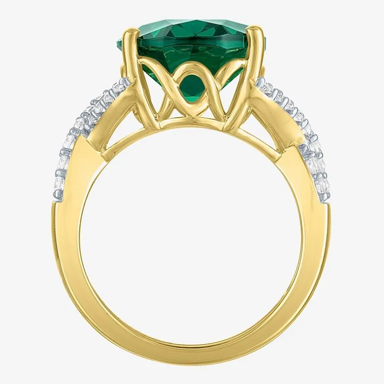 Womens Simulated Green Emerald 14K Gold Over Silver Oval Side Stone Cocktail Ring