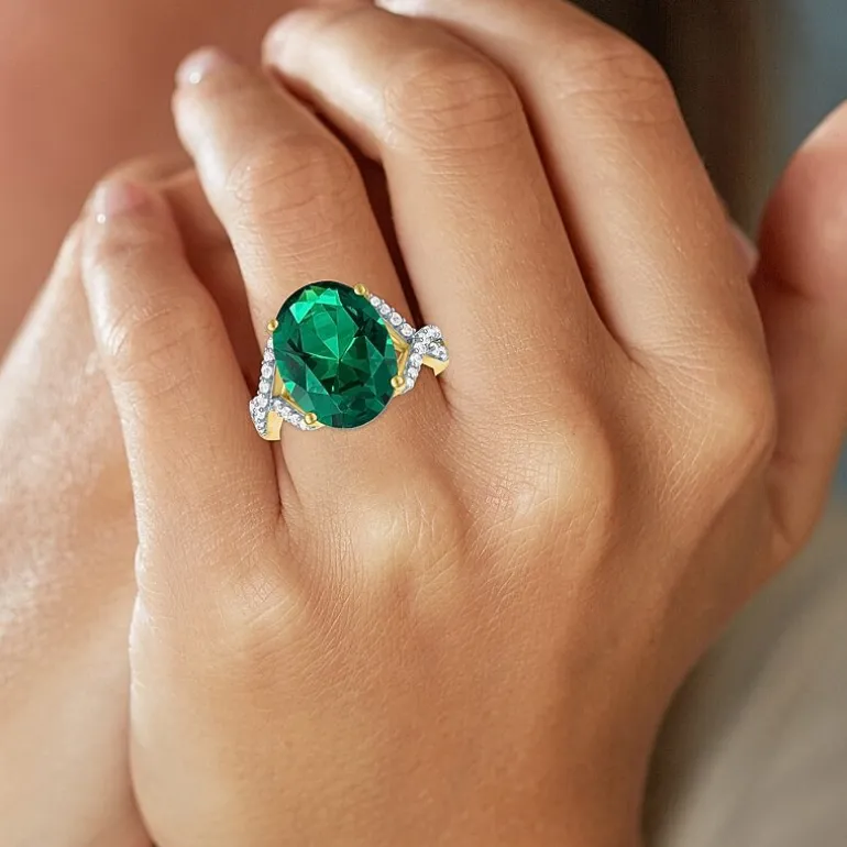 Womens Simulated Green Emerald 14K Gold Over Silver Oval Side Stone Cocktail Ring
