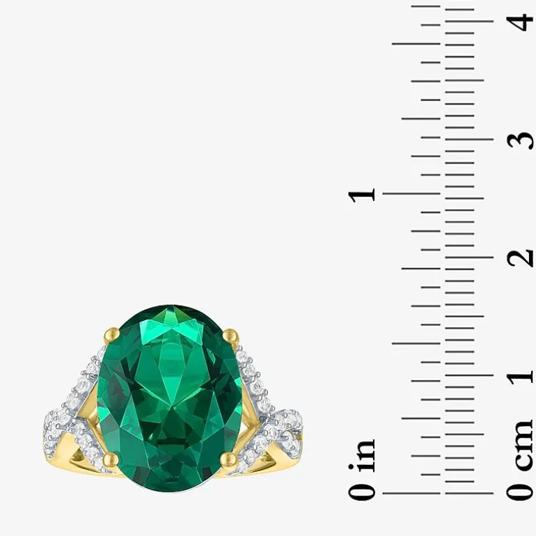 Womens Simulated Green Emerald 14K Gold Over Silver Oval Side Stone Cocktail Ring