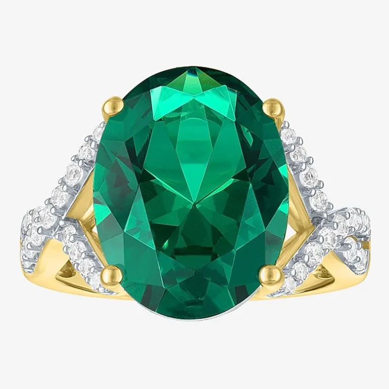 Womens Simulated Green Emerald 14K Gold Over Silver Oval Side Stone Cocktail Ring