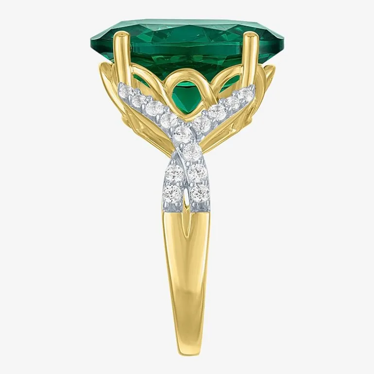 Womens Simulated Green Emerald 14K Gold Over Silver Oval Side Stone Cocktail Ring