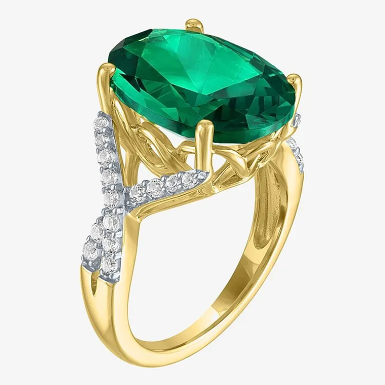 Womens Simulated Green Emerald 14K Gold Over Silver Oval Side Stone Cocktail Ring
