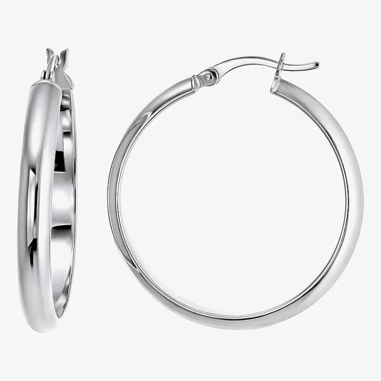 Womens Sterling Silver 31mm Round Hoop Earrings