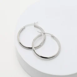 Womens Sterling Silver 31mm Round Hoop Earrings