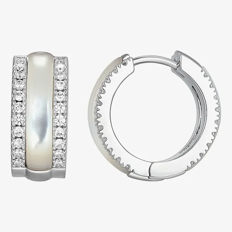 Womens White Mother Of Pearl Sterling Silver 15.6mm Hoop Earrings