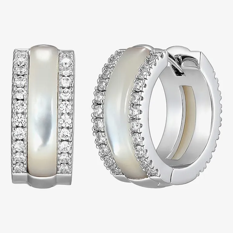 Womens White Mother Of Pearl Sterling Silver 15.6mm Hoop Earrings
