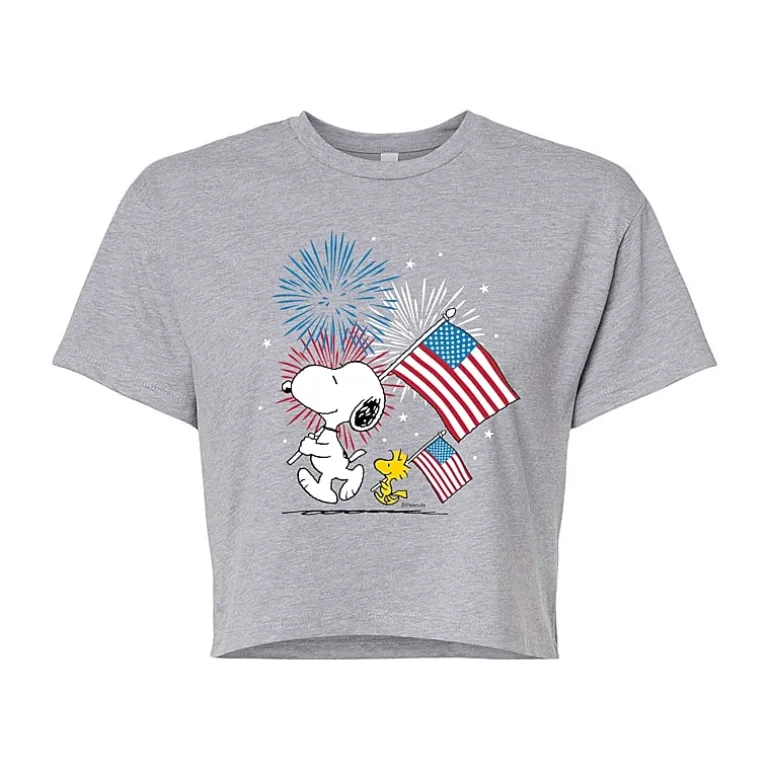Woodstock Flag Cropped Womens Juniors Crew Neck Short Sleeve Regular Fit Peanuts Snoopy Graphic T-Shirt