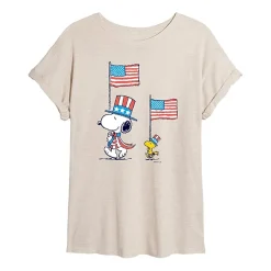 Woodstock Flag Womens Juniors Crew Neck Short Sleeve Oversized Peanuts Snoopy Graphic T-Shirt