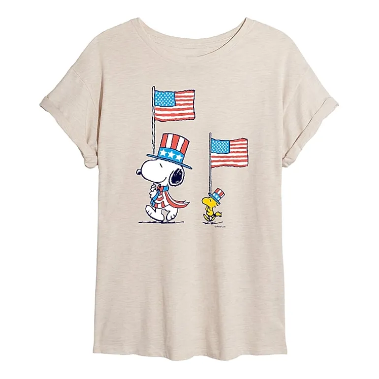 Woodstock Flag Womens Juniors Crew Neck Short Sleeve Oversized Peanuts Snoopy Graphic T-Shirt