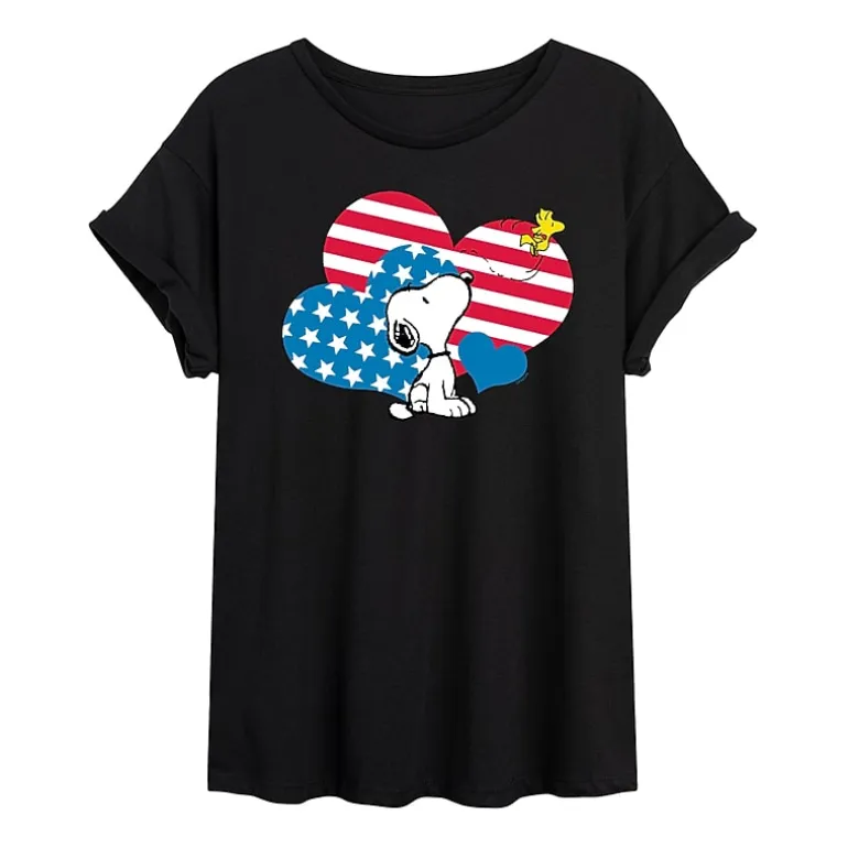 Woodstock Heart Flag Womens Juniors Crew Neck Short Sleeve Oversized Peanuts Snoopy Graphic T-Shirt