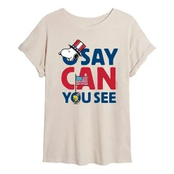 Woodstock O Say Can You See Womens Juniors Crew Neck Short Sleeve Oversized Peanuts Snoopy Graphic T-Shirt