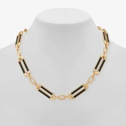 Worthington Gold Tone & Black Leather Link Womens 17 Inch Collar Necklace