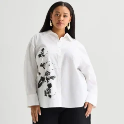 Worthington Plus Womens Embellished Button Front Shirt