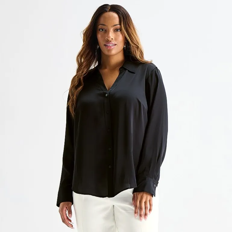 Worthington Plus Womens Long Sleeve Slim Fit Blouse