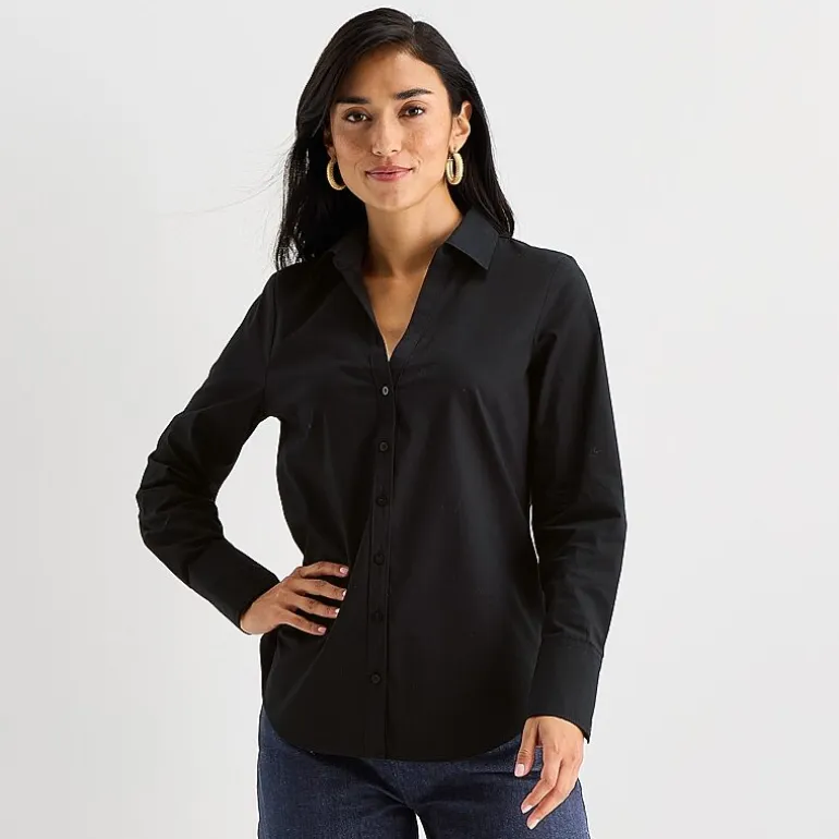 Worthington Womens Cuffed Long Sleeve Regular Fit Poplin Button-Down Shirt