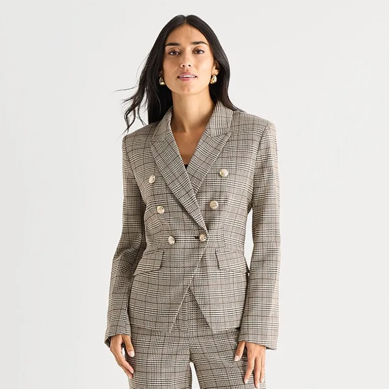 Worthington Womens Double Breasted Plaid Regular Fit Blazer