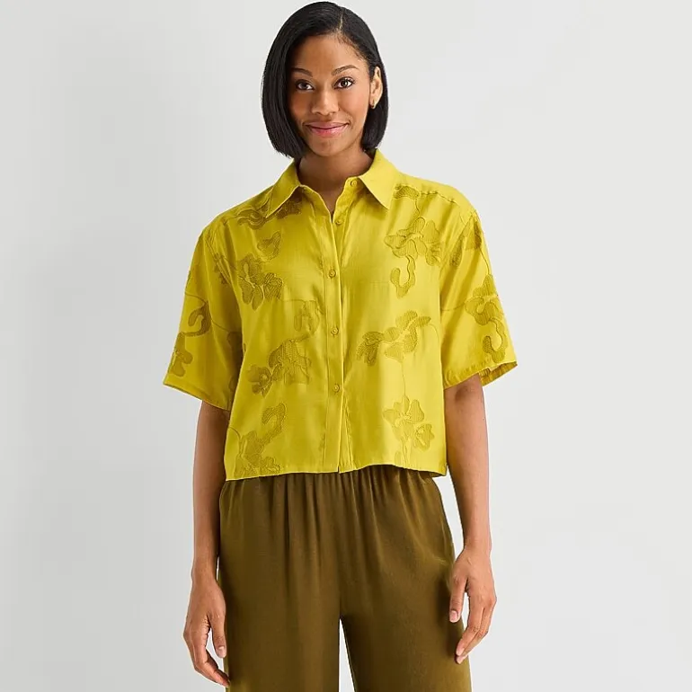 Worthington Womens Drop Shoulder Short Sleeve Regular Fit Button-Down Shirt