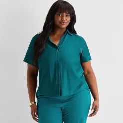 Worthington Womens Plus Cuffed Short Sleeve Slim Fit Button-Down Shirt
