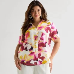 Worthington Womens Plus Cuffed Short Sleeve Slim Fit Button-Down Shirt
