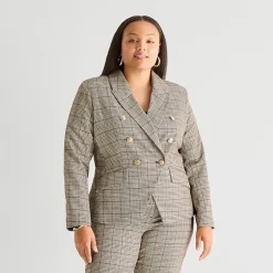 Worthington Womens Plus Double Breasted Plaid Regular Fit Blazer