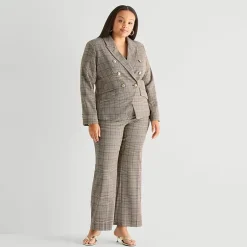 Worthington Womens Plus Double Breasted Plaid Regular Fit Blazer