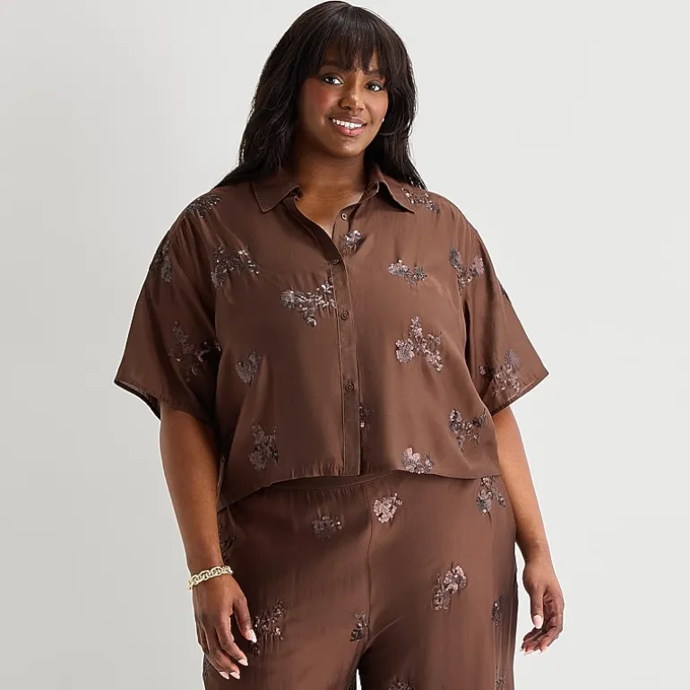 Worthington Womens Plus Drop Shoulder Short Sleeve Regular Fit Button-Down Shirt