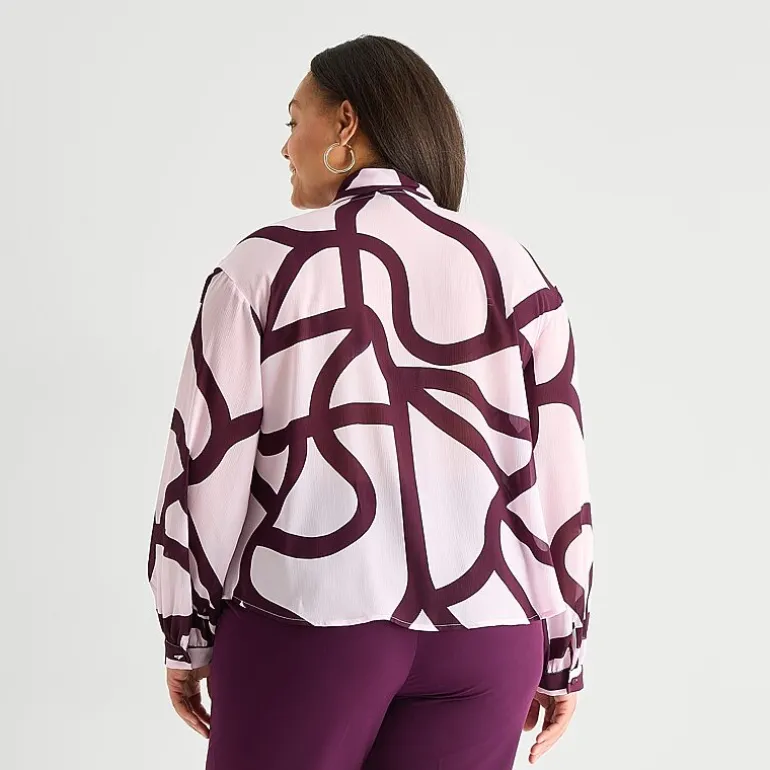 Worthington Womens Plus Split Tie Neck Long Sleeve Blouse