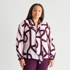 Worthington Womens Plus Split Tie Neck Long Sleeve Blouse