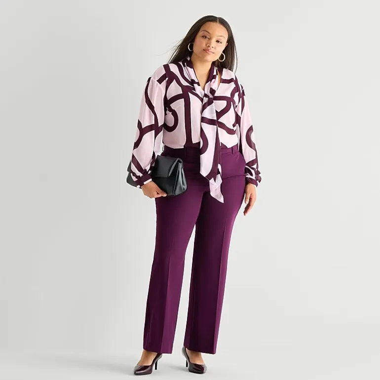 Worthington Womens Plus Split Tie Neck Long Sleeve Blouse