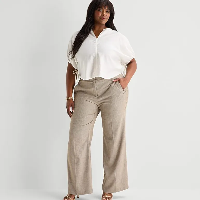 Worthington Womens Plus Split Crew Neck Elbow Sleeve Blouse