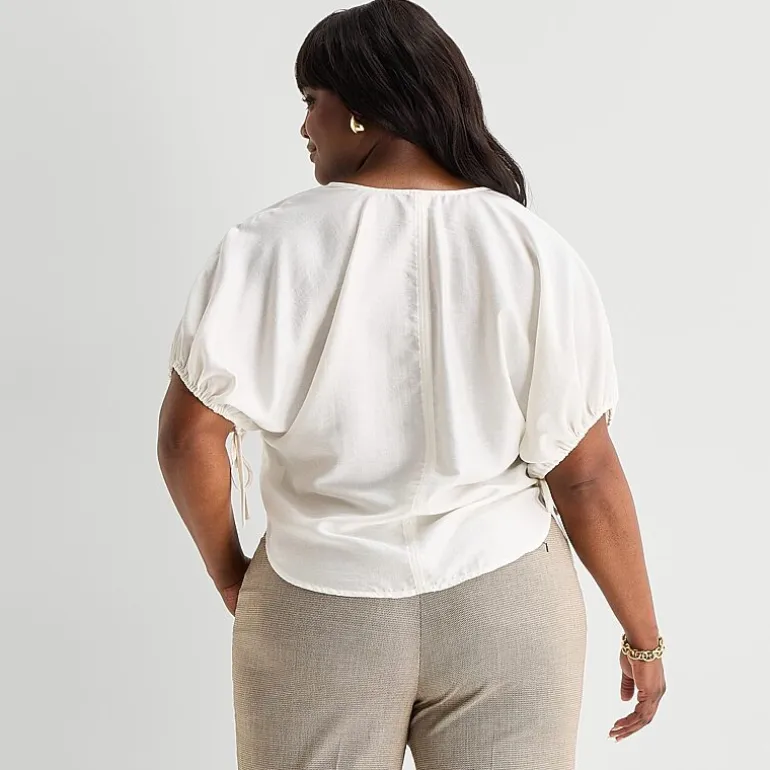 Worthington Womens Plus Split Crew Neck Elbow Sleeve Blouse