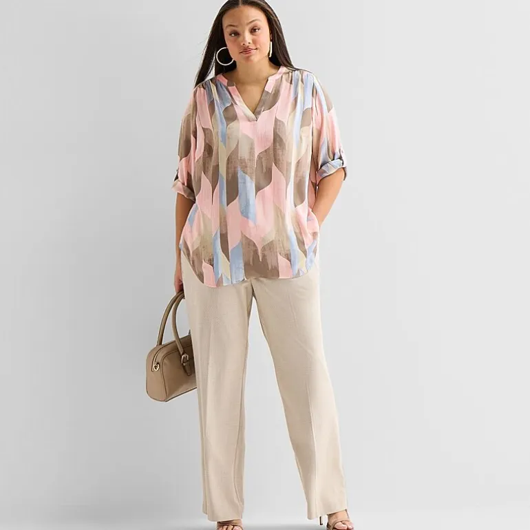 Worthington Womens Plus Split Crew Neck 3/4 Sleeve Blouse