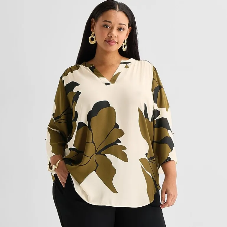 Worthington Womens Plus Split Crew Neck 3/4 Sleeve Blouse