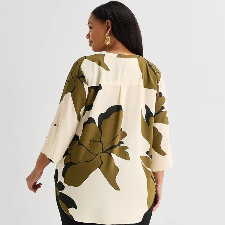 Worthington Womens Plus Split Crew Neck 3/4 Sleeve Blouse