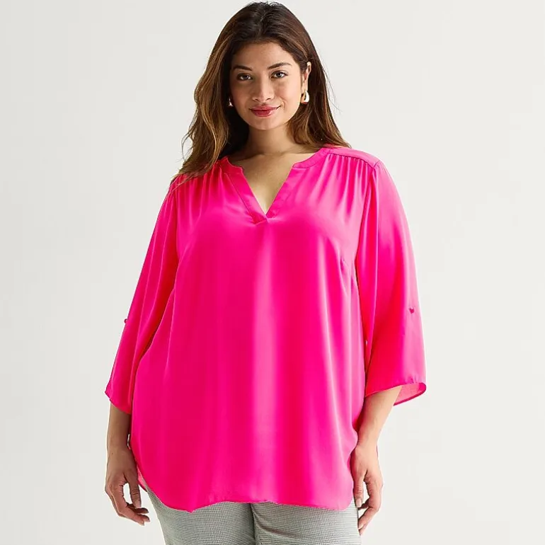 Worthington Womens Plus Split Crew Neck 3/4 Sleeve Blouse