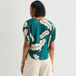 Worthington Womens Split Crew Neck Elbow Sleeve Blouse