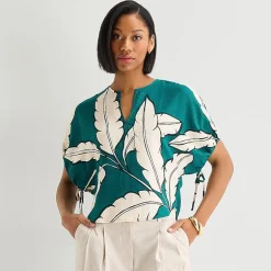 Worthington Womens Split Crew Neck Elbow Sleeve Blouse