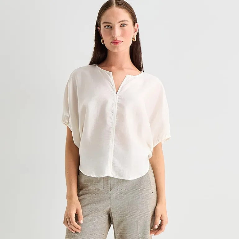 Worthington Womens Split Crew Neck Elbow Sleeve Blouse