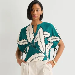Worthington Womens Split Crew Neck Elbow Sleeve Blouse