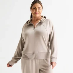 Xersion Womens Plus Scuba Luxe Hooded Half Zip Pullover