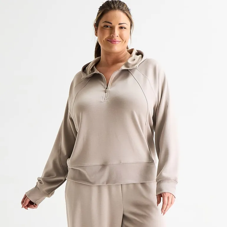 Xersion Womens Plus Scuba Luxe Hooded Half Zip Pullover