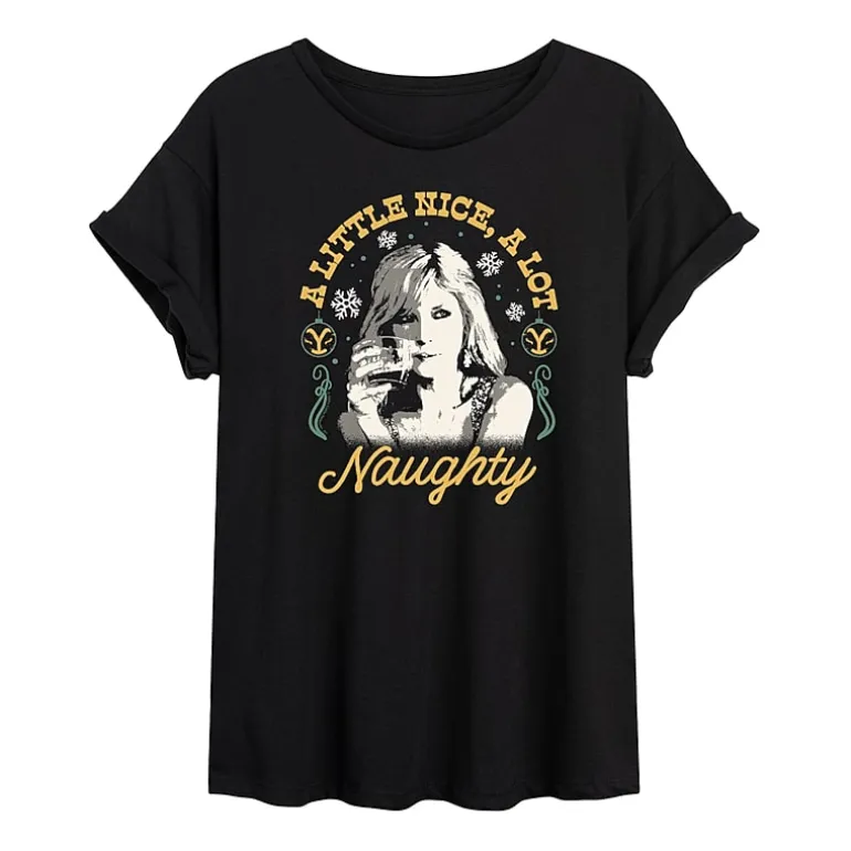 Yellowstone Beth Dutton Nice And Naughty Womens Juniors Crew Neck Short Sleeve Regular Fit Graphic T-Shirt