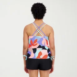 ZeroXposur Womens Built In Bra Geo Linear Tankini Swimsuit Top